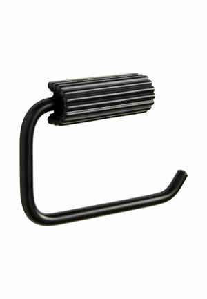 Schwarzer Metall-Toilettenpapierhalter mit einer strukturierten zylindrischen Halterung und einer offen-ended horizontalen Stange.
