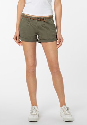 Olive green cotton shorts with rolled cuffs, a braided brown belt, and front pleats, paired with white sneakers.