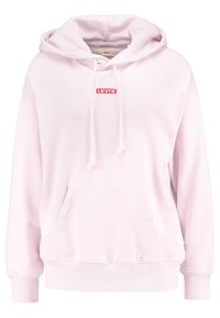 Sudadera rosa claro hecha de tela suave, con capucha ajustable, bolsillo frontal y un pequeño logo rojo de "LEVI'S" en la zona del pecho.