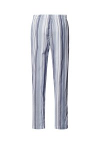 Lichte pyjamabroek met een elastische tailleband in blauw en witte strepen, met verticale lijnen en een soepele stoftextuur.