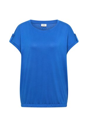 Blauwe korte mouwen blouse met opgerolde mouwen en knoopsluitingen, ronde hals en elastische zoom.