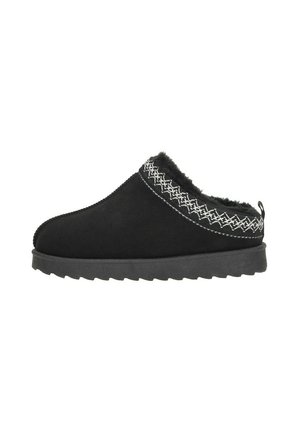 Zwarte instap pantoffel met dikke zool, zachte bontvoering en witte geborduurde patroon rond de opening.