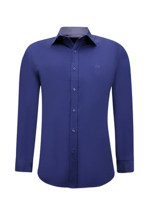 Navyblauw overhemd met lange mouwen, knopen aan de voorkant en een klassieke puntige kraag, effen ontwerp met subtiele borduring op de borst.