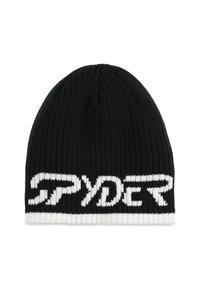 Black knit beanie featuring a ribbed texture and a contrasting white "SPYDER" logo band. Classic design with elasticity for fit.