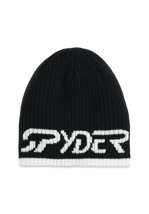 Black knit beanie featuring a ribbed texture and a contrasting white "SPYDER" logo band. Classic design with elasticity for fit.