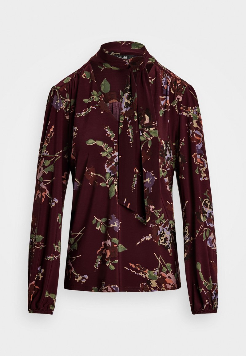 Lauren Ralph Lauren FLORAL STRETCH JERSEY TIE NECK TOP - Hosszú ujjú felső - burgundy multi