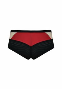 Czerwono-czarne kąpielówki o gładkiej teksturze. Charakteryzują się zakrzywionym designem i kontrastującymi kolorami, z czarną talią i matowym wykończeniem.