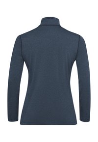 Dunkelblauer Pullover mit langen Ärmeln und hohem Kragen. Aus glattem, dehnbarem Material gefertigt. Mit einfacher Naht entlang der Kanten.