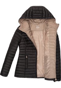Giacca piumino nera con cappuccio, con esterno trapuntato, interno beige liscio e tasche laterali con zip. Taglia S.