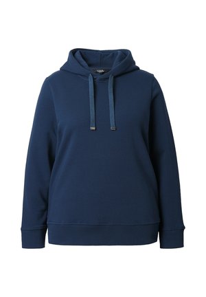 Tmavě modrá mikina s kapucí vyrobená z jemné bavlněné směsi. Obsahuje klokaní kapsu, šňůrky a ribbed manžety a lem pro uvolněný střih.