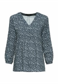 Bluzka z nadrukiem kwiatowym w granatowo-błękitnym kolorze, z dekoltem w serek, długimi rękawami ze ściągaczami oraz luźnym krojem. Lekka tkanina.