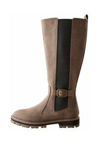 Knee-high brown leather boot with black elastic panel, side buckle detail, and textured sole for grip.