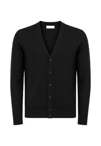 Cardigan nero con scollatura a V, realizzato in tessuto morbido, con chiusura frontale a bottoni e maniche lunghe. Il design presenta polsini e orlo a costine.