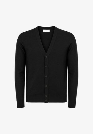 Cardigan nero con scollatura a V, realizzato in tessuto morbido, con chiusura frontale a bottoni e maniche lunghe. Il design presenta polsini e orlo a costine.