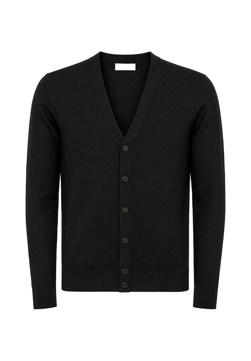 Cardigan nero con scollatura a V, realizzato in tessuto morbido, con chiusura frontale a bottoni e maniche lunghe. Il design presenta polsini e orlo a costine.
