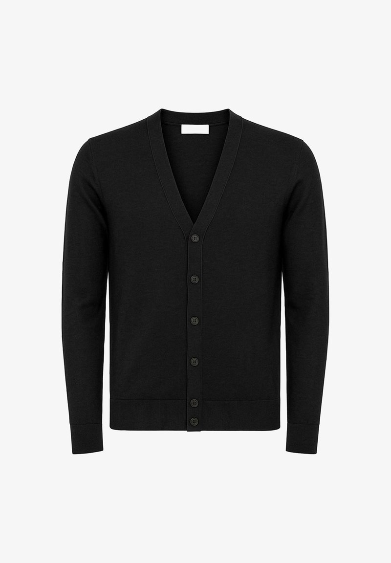 Cardigan nero con scollatura a V, realizzato in tessuto morbido, con chiusura frontale a bottoni e maniche lunghe. Il design presenta polsini e orlo a costine.
