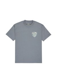 Grijze katoenen t-shirt met korte mouwen. Bevat een klein, kleurrijk schildlogo op de linkerborst met een artistiek golf- en zonontwerp.