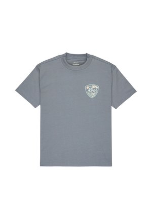 Gray cotton t-shirt with short sleeves. Features a small, colorful shield logo on the left chest with artistic wave and sun design.