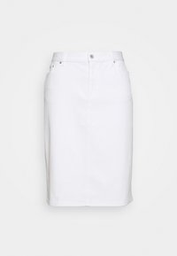 White denim skirt with a fitted shape, high waist, front button closure, and pockets. Smooth texture, knee-length design, and plain finish.