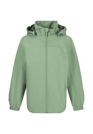 Hellgrüne, wasserdichte Jacke mit Reißverschlussfront, verstellbarem Kapuzen und elastischen Bündchen. Glatte Textur mit minimalen Nähten.