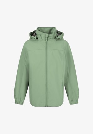 Lys grøn vandtæt jakke med lynlås foran, justerbar hætte og elastiske manchetter. Glat overflade med minimale sømme.
