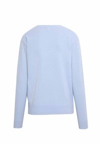 Jasnoniebieski sweter z dzianiny z okrągłym dekoltem, długimi rękawami i ściągaczem na dole. Gładka tekstura z prostym, minimalistycznym designem.