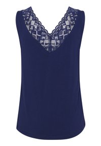 Top senza maniche di colore blu navy con scollatura a V, caratterizzato da dettagli in pizzo sul retro e una texture liscia. Design informale adatto a varie occasioni.