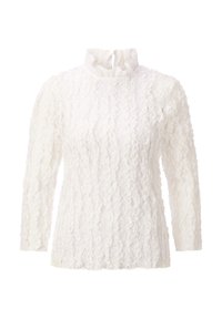 Maglietta bianca a maniche lunghe in tessuto testurizzato con un collo alto e arricciato. Il design è elegante e sofisticato, adatto per occasioni formali.