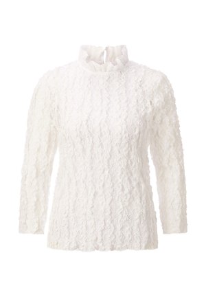 White long-sleeve top with textured fabric and a high, ruffled neckline. The design is elegant and sophisticated, suitable for formal occasions.
