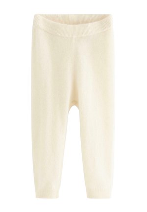 Crèmekleurige zachte gebreide babybroek met geribde tailleband en boorden, ontworpen voor comfort en warmte.