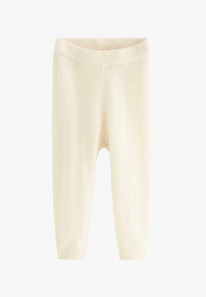 Crèmekleurige zachte gebreide babybroek met geribde tailleband en boorden, ontworpen voor comfort en warmte.