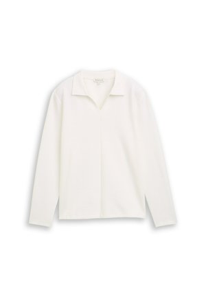 Witte blouse met lange mouwen, een v-hals en kraag, gemaakt van een textiel met structuur, zijsplitten en een losse, relaxte pasvorm.