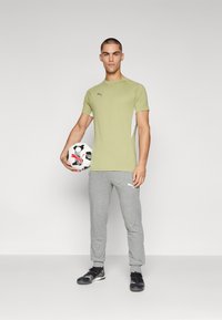 T-shirt de sport vert clair avec des panneaux latéraux gris, associé à un pantalon de survêtement gris. Le mannequin tient un ballon de soccer noir et blanc.