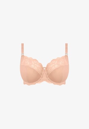 Spitzen- und gepolsterter BH in Hellbeige mit gewellten Kanten, floralen Spitzenakzenten und dekorativem Schmuckstein in der Mitte. Verstellbare Träger inklusive.