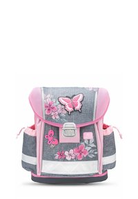 Grauer Stoff-Rucksack mit rosa Akzenten, verziert mit floralen Designs und Schmetterlingsapplikationen. Er hat einen vorderen Schnallenverschluss und reflektierende Streifen.