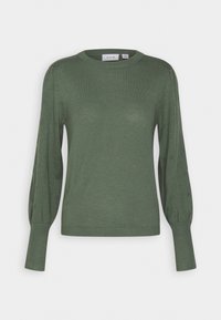 Pull en maille verte avec des manches bouffantes longues, un col rond et un motif subtil sur les manches. Texture douce et ourlet en côtes ajusté.