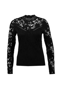 Top lungo nero a maniche con pizzo e motivi floreali, caratterizzato da un collo a giro e un design testurizzato.