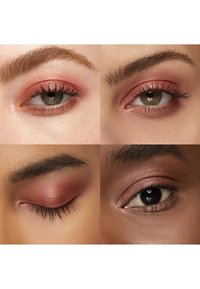 Vier close-up foto's van diverse ogen met glinsterende roségouden oogschaduw, sommige met open ogen en één met gesloten ogen.