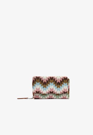 Rektangulært pung med lynlås, der har et farverigt geometrisk zigzagmønster i pink, brun, blå, grøn og hvide toner.