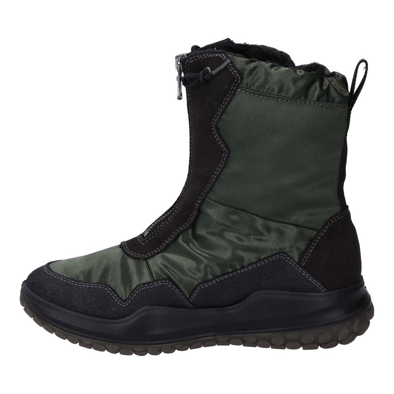 Mid-height winter boot with green quilted fabric, black suede accents, front zipper, and thick rubber sole with tread pattern.