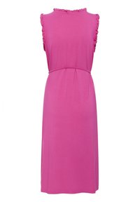 Robe sans manches rose avec un col à volants et une ceinture à la taille ; tissu lisse avec une silhouette simple et droite.