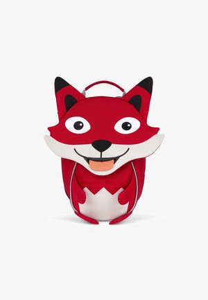 Red backpack shaped like a fox, featuring large eyes, smiling mouth, and black ear accents. Made of durable fabric with a textured surface.