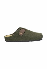 Green wool slip-on clog with black sole and brown adjustable strap with brass button on side, designed for indoor or casual wear.