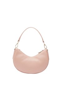 Sac à épaule en cuir rose avec une forme courbée, doté d'une fermeture éclair, d'une seule poignée et d'accents en métal doré.