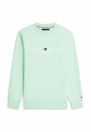 Felpa Tommy Hilfiger verde menta con scollo rotondo, maniche lunghe e testo logo con bandiera e "EST. 1985" sul davanti.