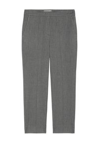Pantaloni gri cu dungi subțiri, cu un design drept. Prezintă o textură netedă și un brâu subtil, fără închizători sau embellishments vizibile.