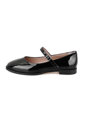 Black patent leather Mary Jane shoe with a rounded toe, adjustable strap with a silver buckle, flat sole, and smooth finish.