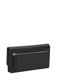 Czarny skórzany portfel o prostokątnym kształcie, z kieszonką na zamek i subtelnymi detalami w postaci przeszyć. Gładka tekstura i minimalistyczny design.