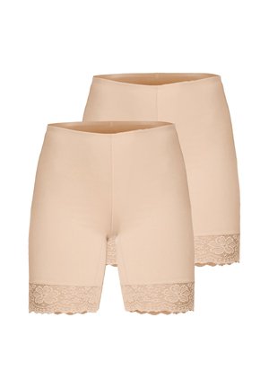 Two pairs of beige women's shaping shorts with floral lace trim at the leg openings, shown on a white background.