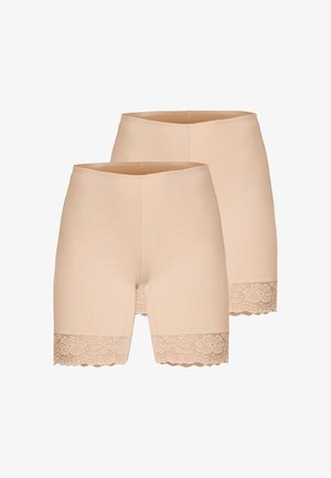 Zwei Paar beigefarbene Shaping-Shorts für Damen mit floraler Spitzenverzierung an den Beinöffnungen, auf weißem Hintergrund dargestellt.